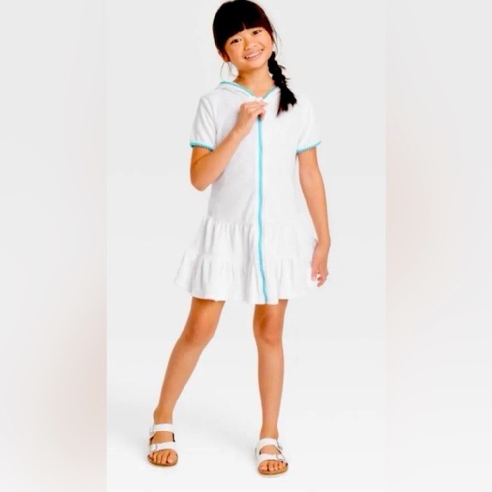 White Hooded Dress with Blue Trim
